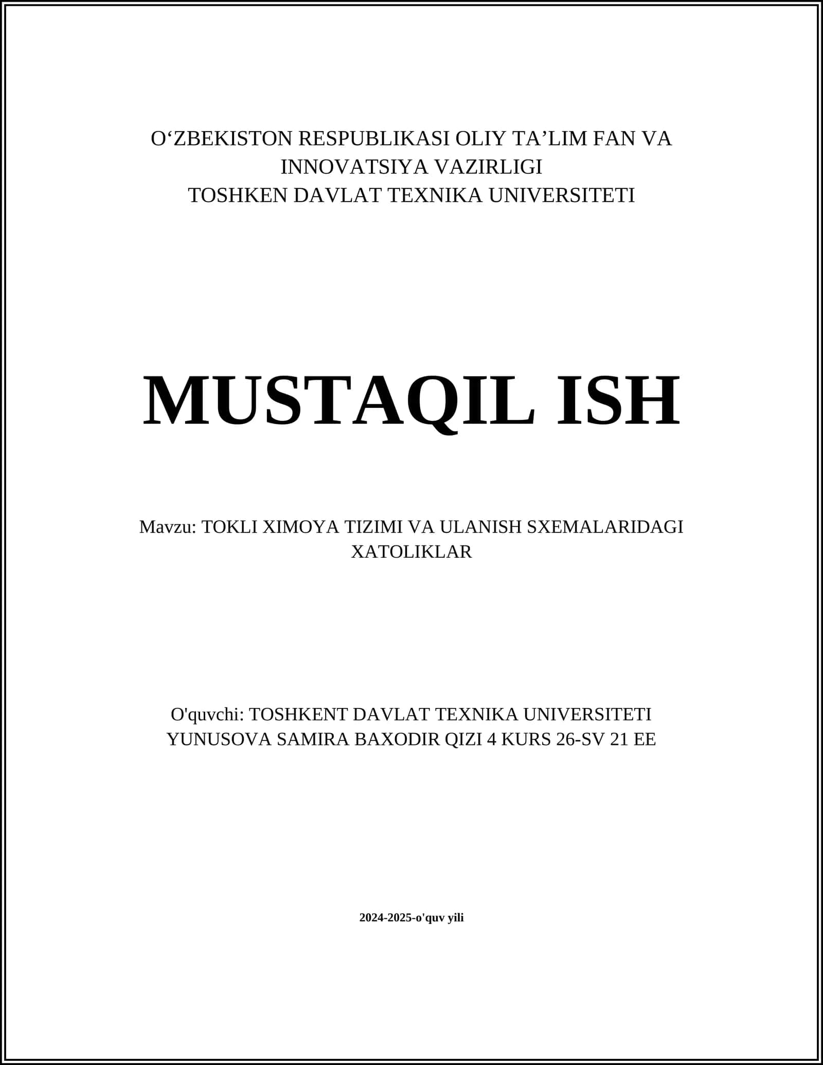 TOKLI XIMOYA TIZIMI VA ULANISH SXEMALARIDAGI XATOLIKLAR