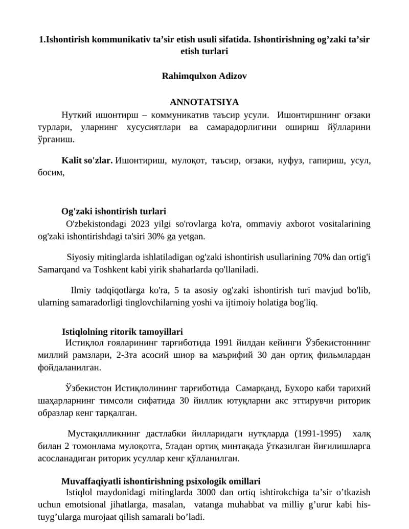 Ishontirish kommunikativ ta’sir etish usuli sifatida. Ishontirishning og’zaki ta’sir etish turlari