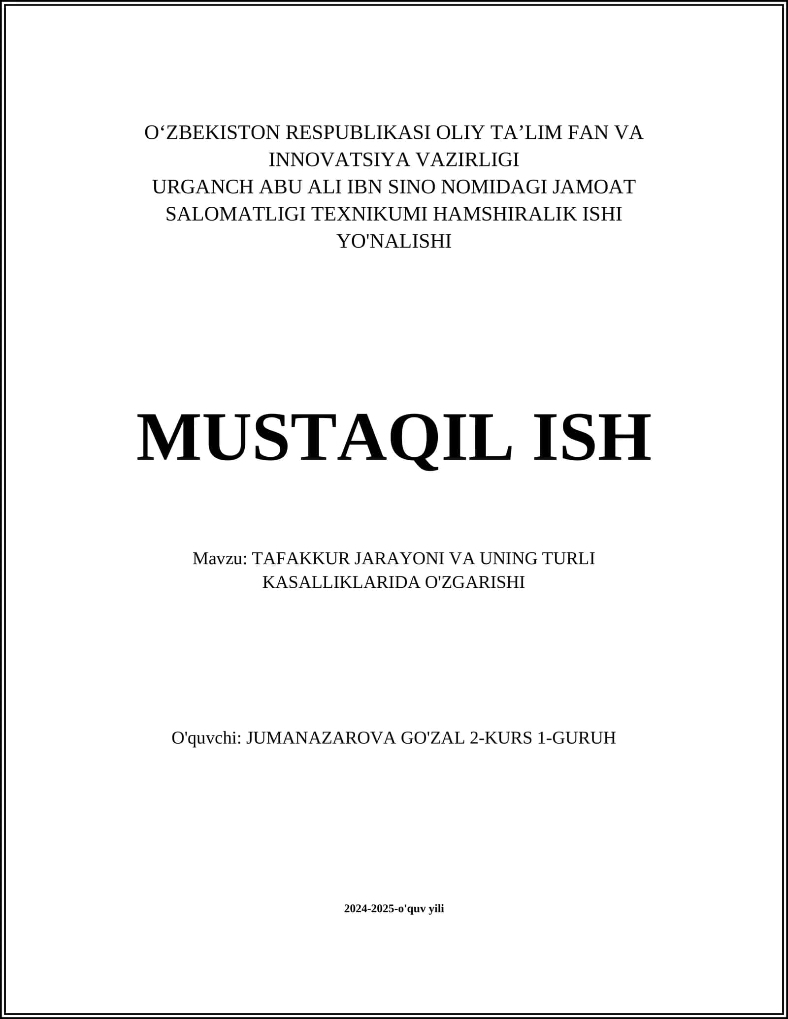 TAFAKKUR JARAYONI VA UNING TURLI KASALLIKLARIDA O'ZGARISHI