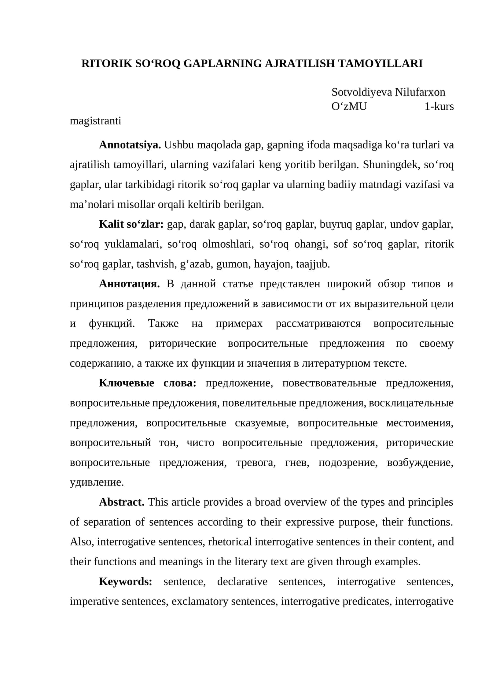RITORIK SO‘ROQ GAPLARNING AJRATILISH TAMOYILLARI