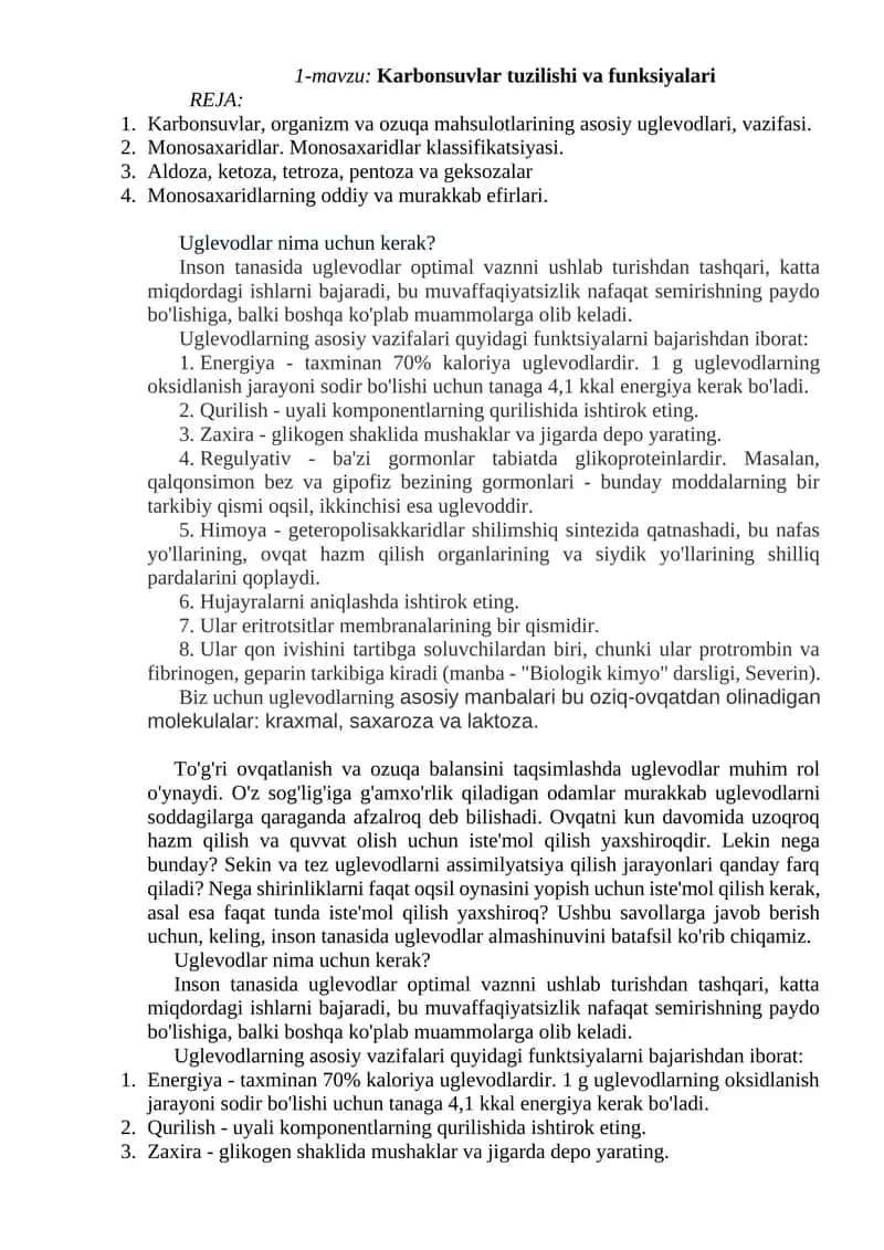 Uglevodlar tuzilishi va funksiyalari