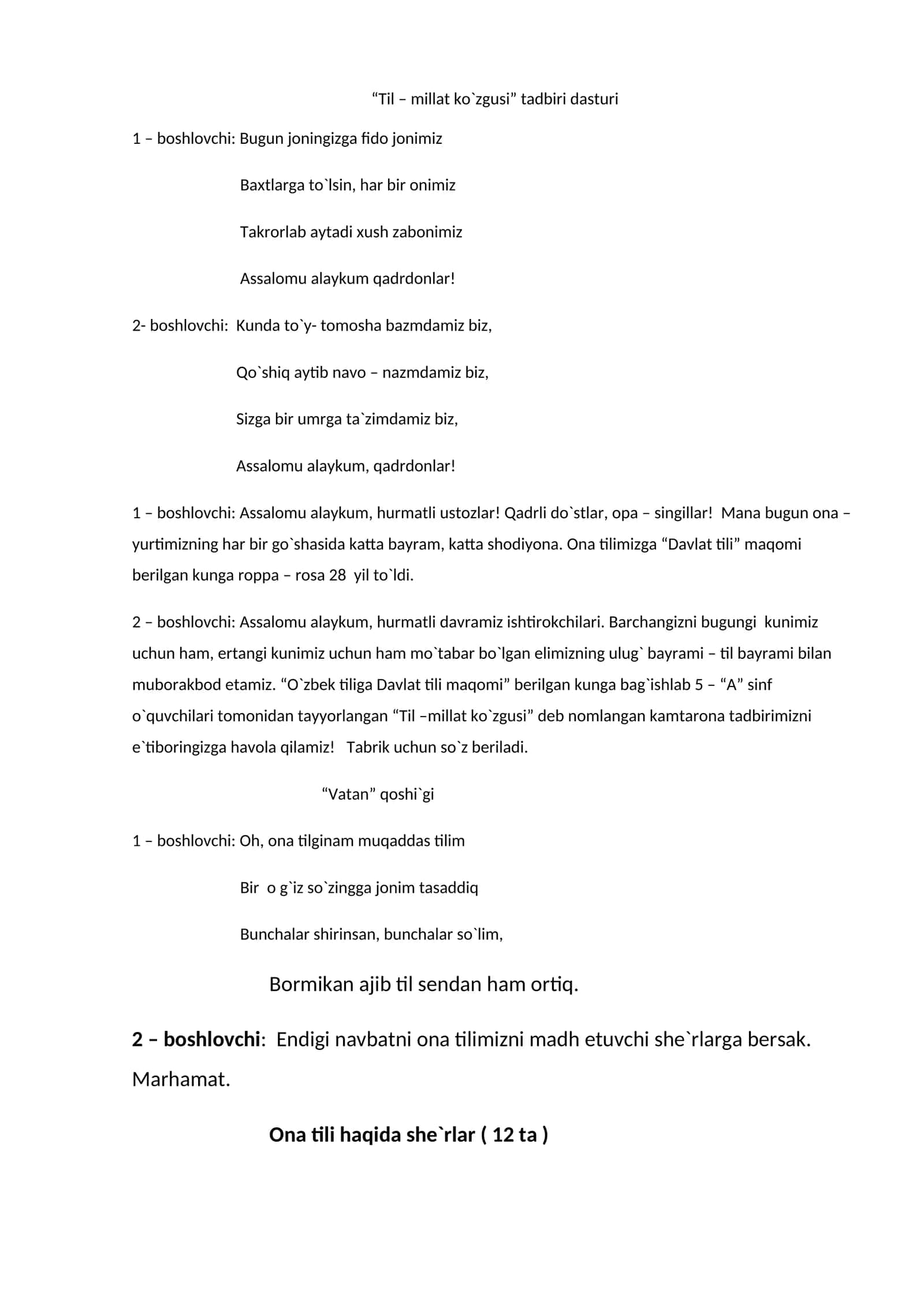 “Til – millat ko`zgusi” tadbiri dasturi