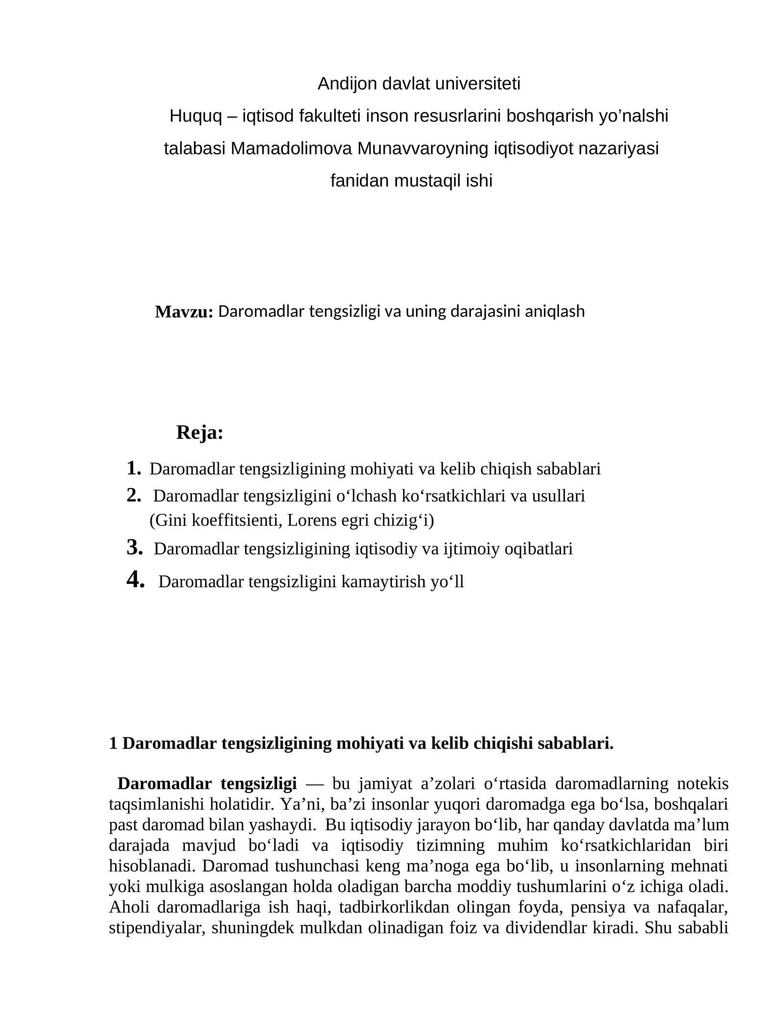 Daromadlar tengsizligi va uning darajasini aniqlash