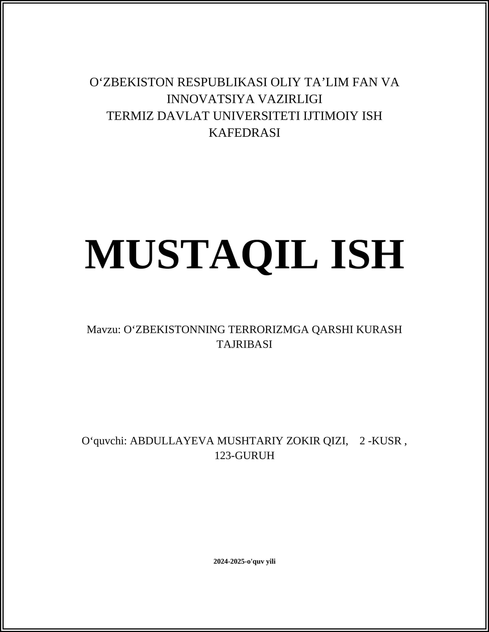 OʻZBEKISTONNING TERRORIZMGA QARSHI KURASH TAJRIBASI