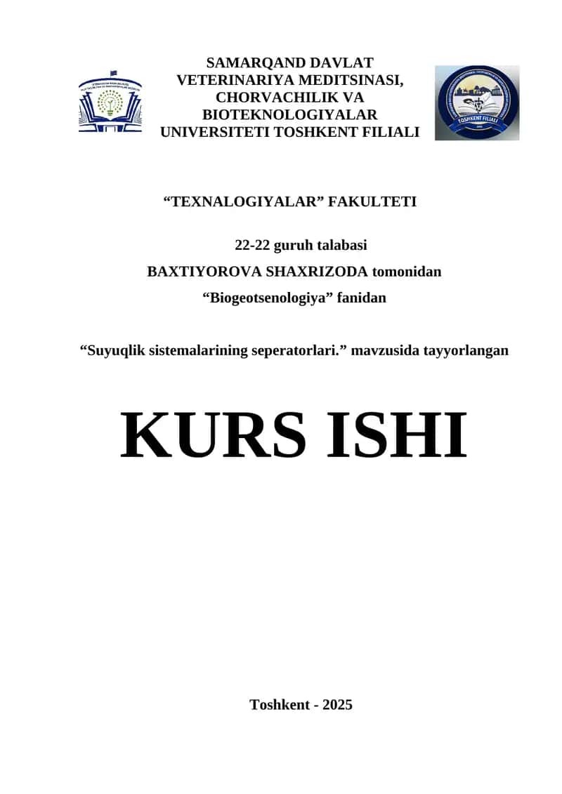 Suyuqlik sistemalarining seperatorlari KURS ISHI