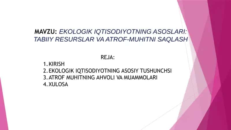 EKOLOGIK IQTISODIYOTNING ASOSLARI: TABIIY RESURSLAR VA ATROF-MUHITNI SAQLASH