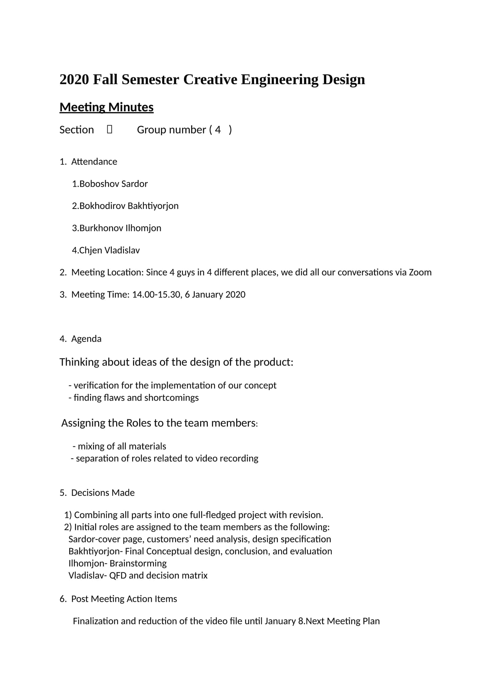 2020 Fall Semester Creative Engineering Design Meeting Minutes