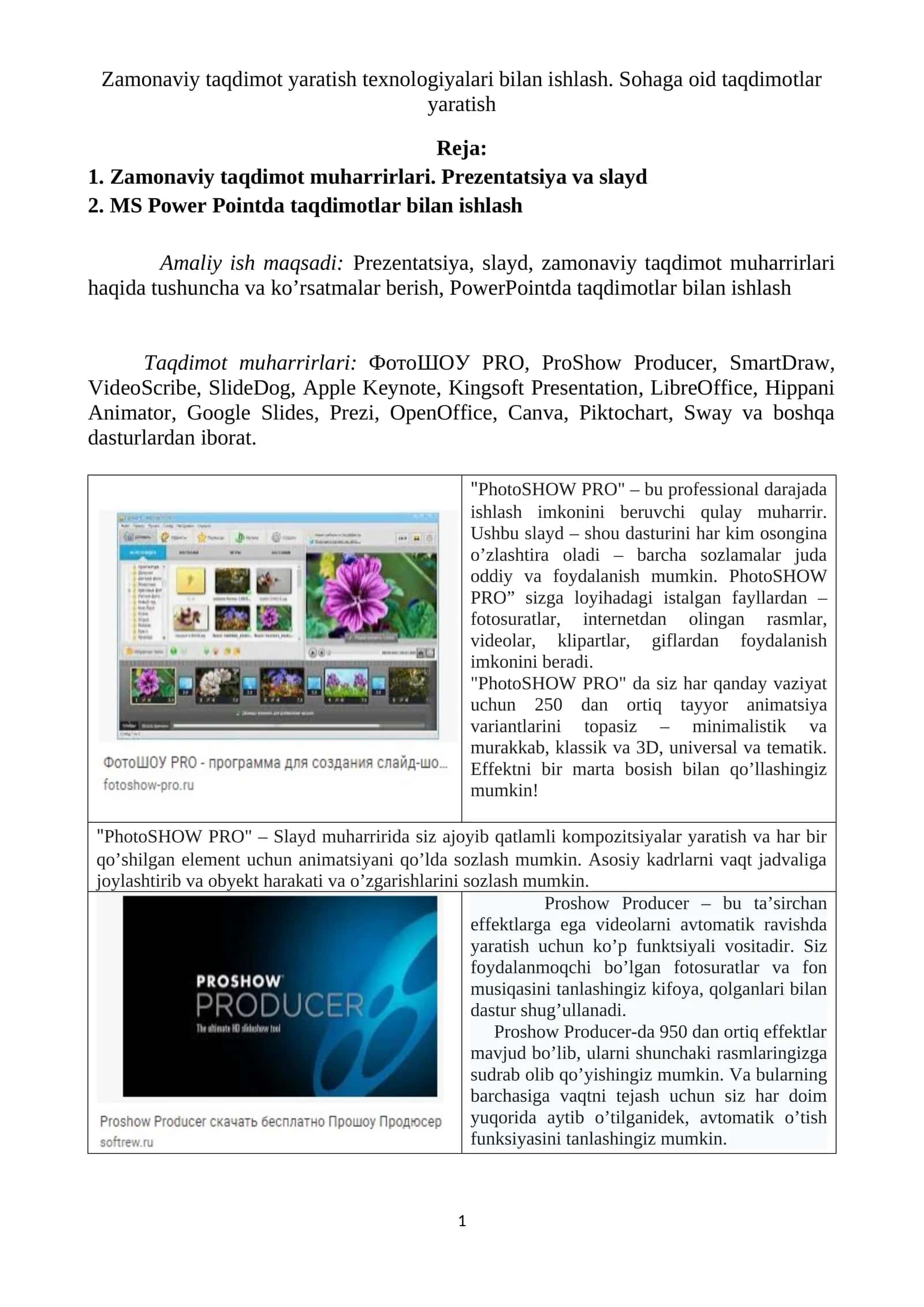 Zamonaviy taqdimot yaratish texnologiyalari bilan ishlash. Sohaga oid taqdimotlar yaratish
