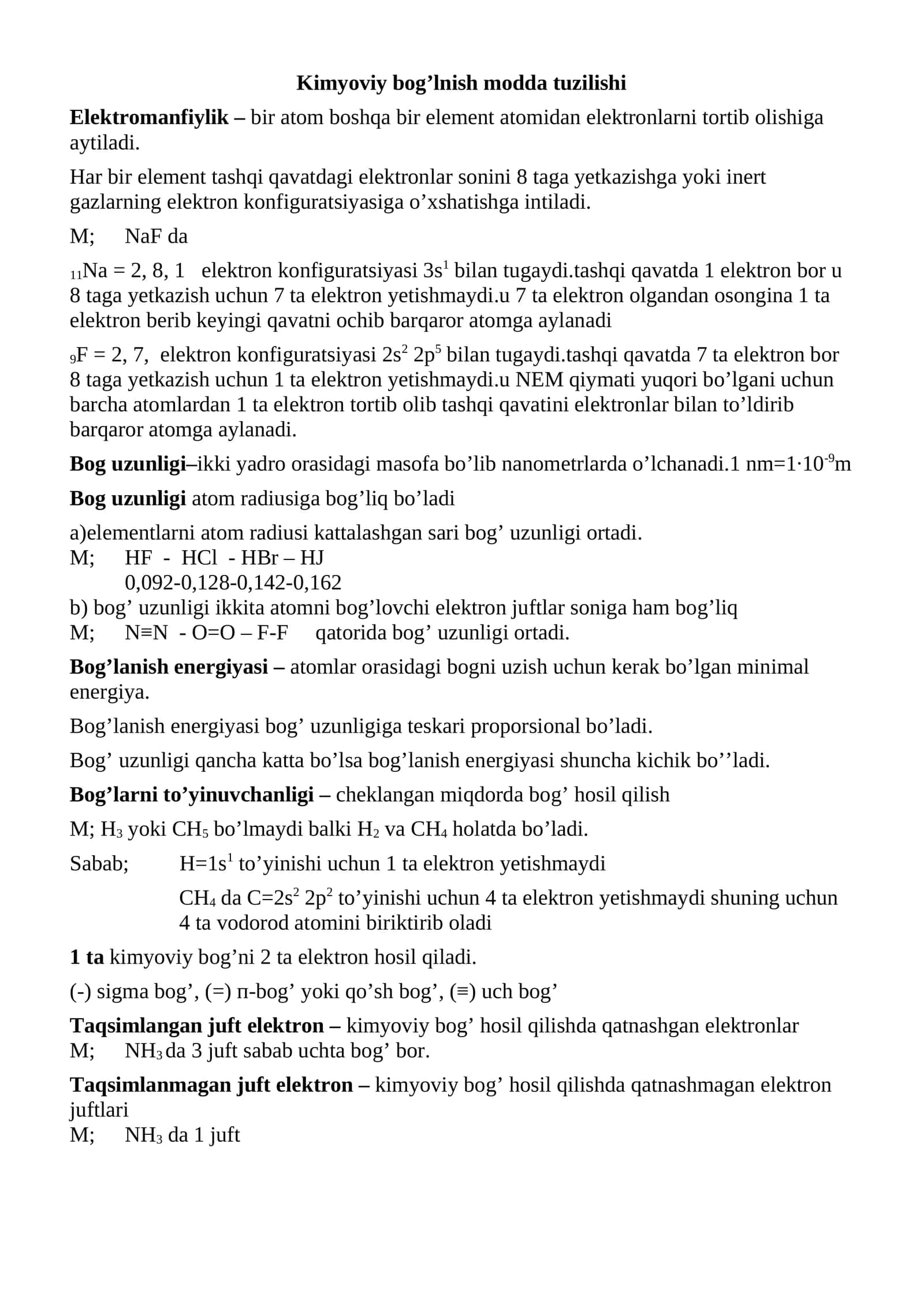 Kimyoviy bog’lnish modda tuzilishi