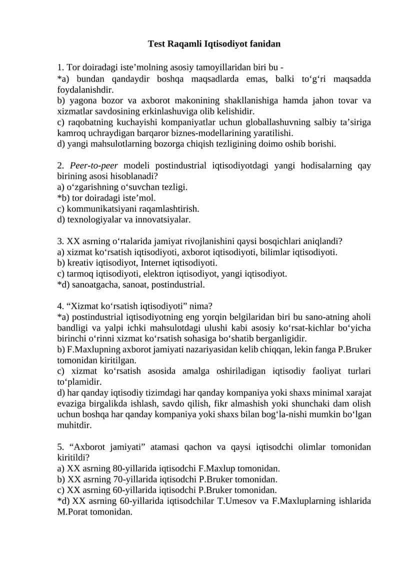 Raqamli Iqtisodiyot fanidan