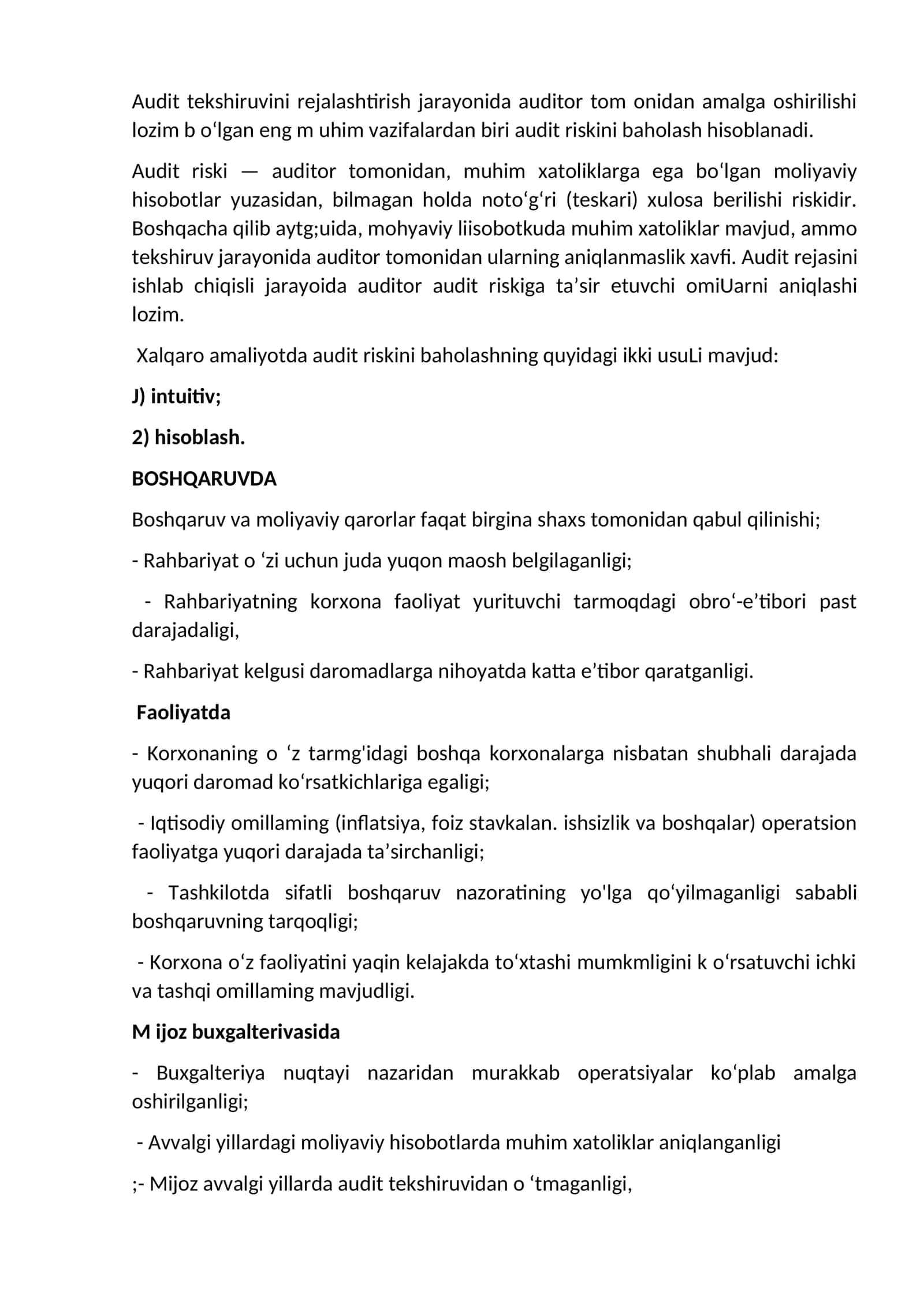 Audit riskini baholashning usullari