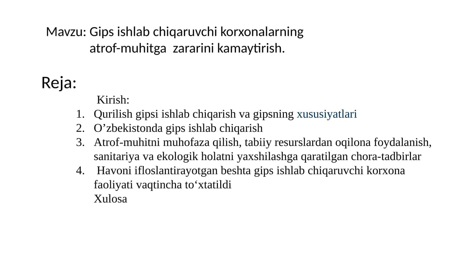 Gips ishlab chiqaruvchi korxonalarning atrof-muhitga zararini kamaytirish.