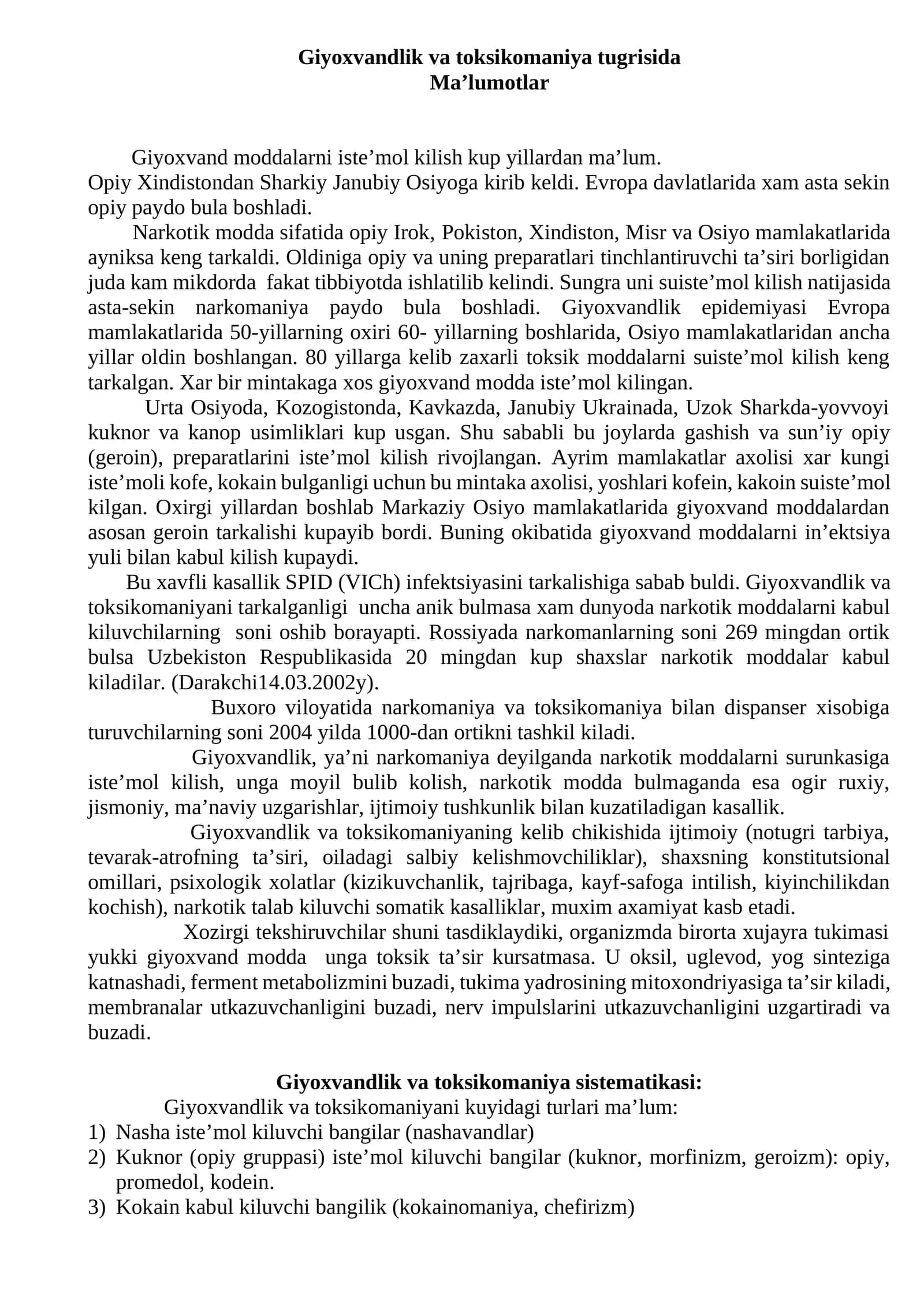 Giyoxvandlik va toksikomaniya to'grisida ma’lumotlar
