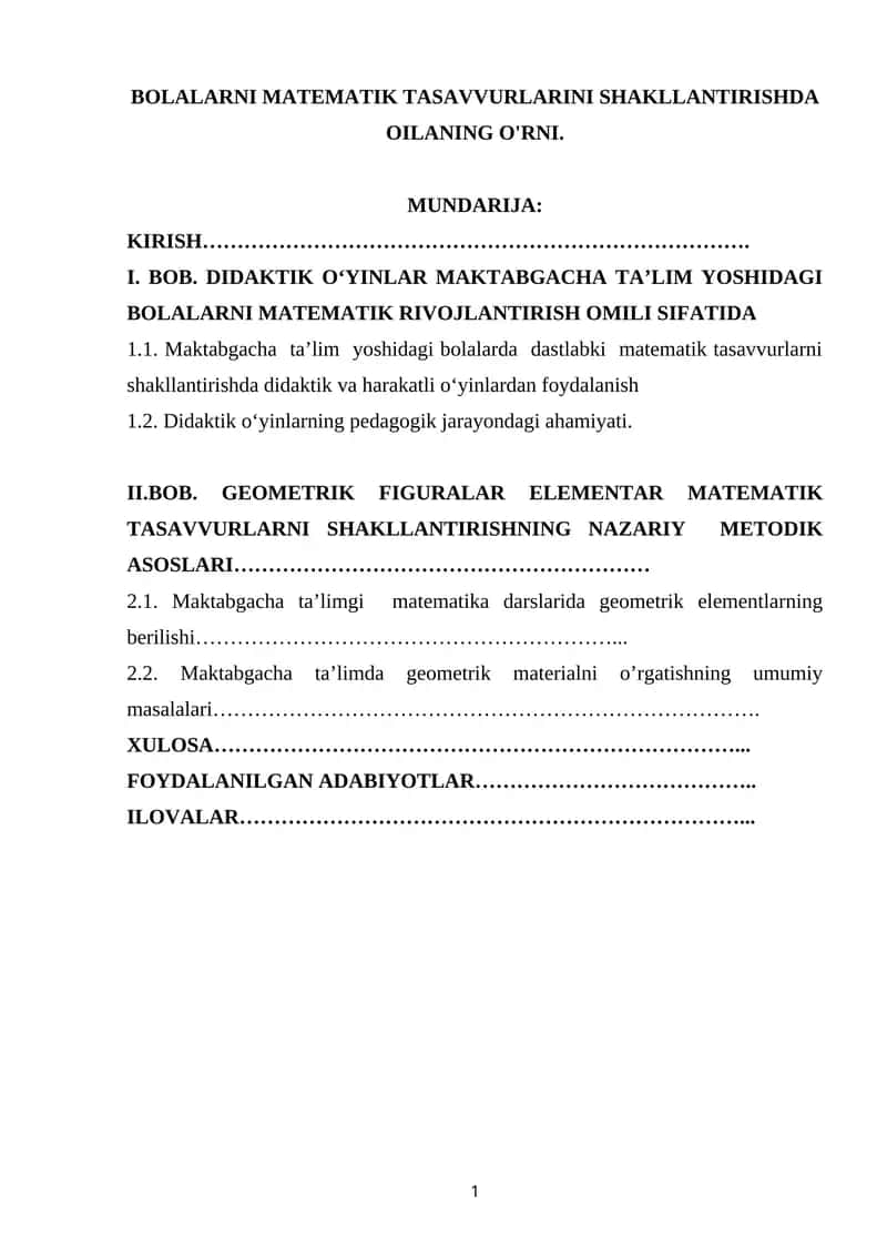 BOLALARNI MATEMATIK TASAVVURLARINI SHAKLLANTIRISHDA OILANING O'RNI