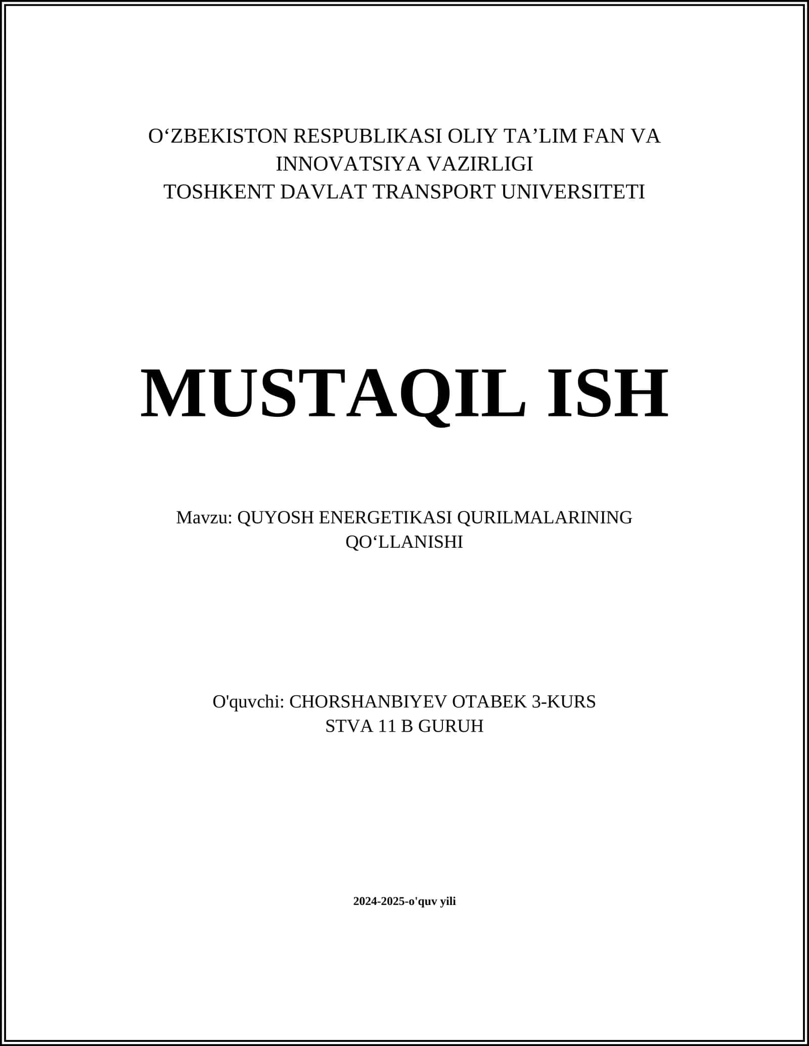 QUYOSH ENERGETIKASI QURILMALARINING QO'LLANISHI