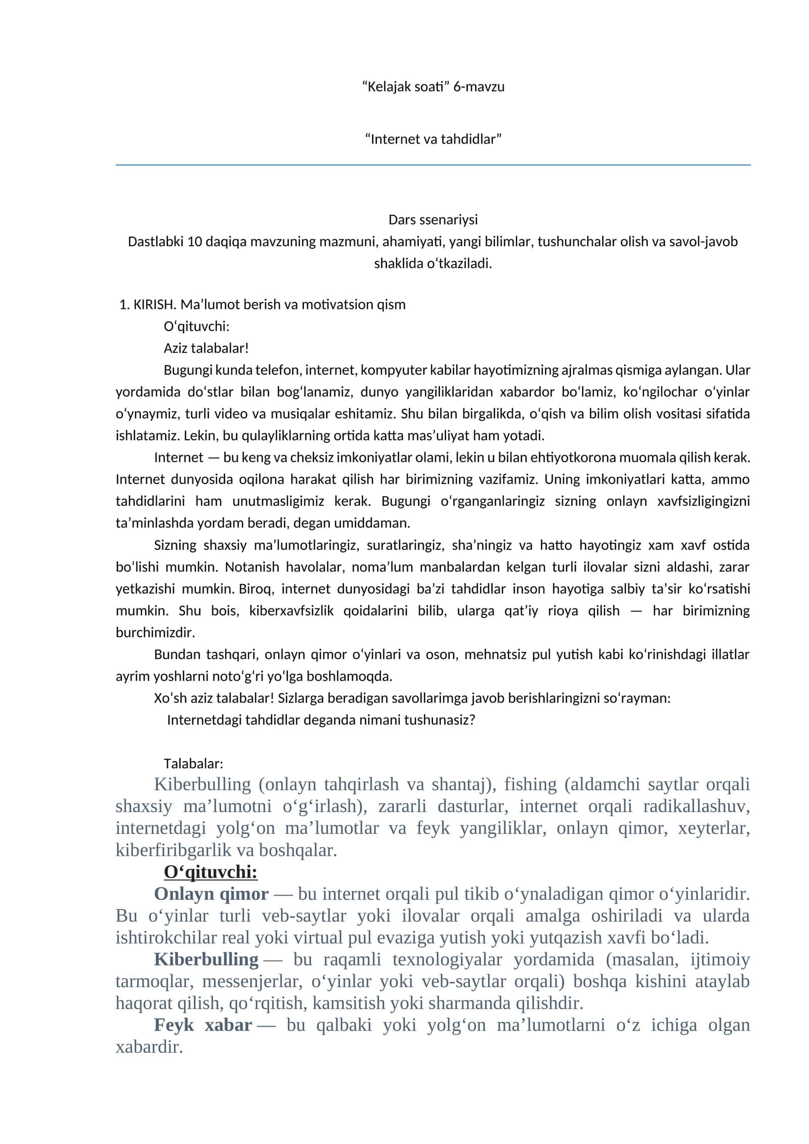 “Kelajak soati” 6-mavzu