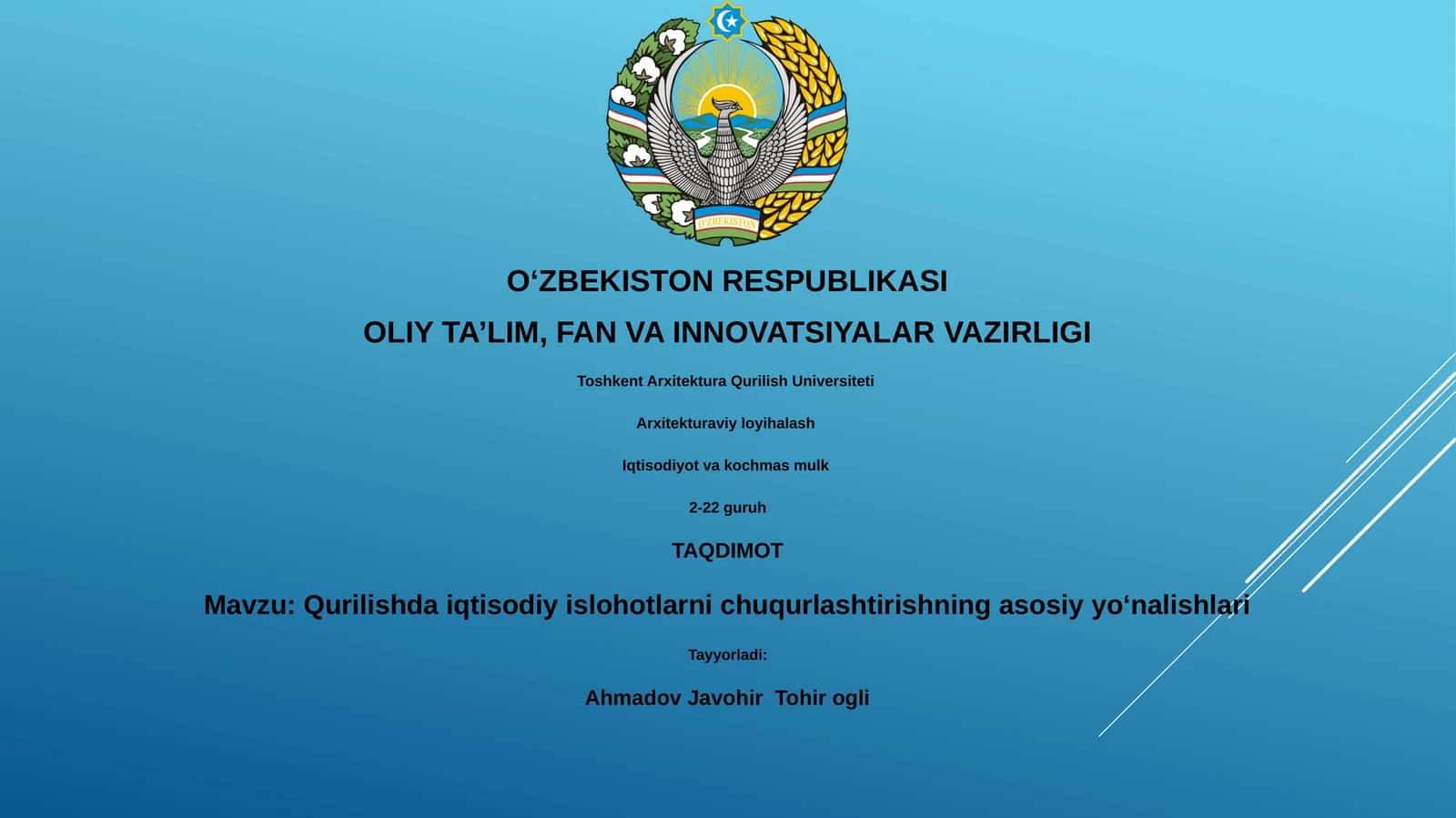 Qurilishda iqtisodiy islohotlarni chuqurlashtirishning asosiy yo‘nalishlari