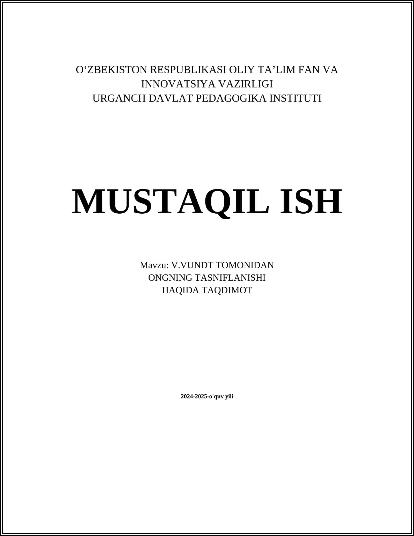 V.VUNDT TOMONIDAN ONGNING TASNIFLANISHI HAQIDA TAQDIMOT
