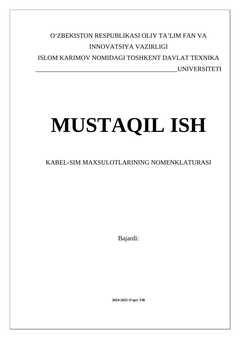 KABEL-SIM MAXSULOTLARINING NOMENKLATURASI