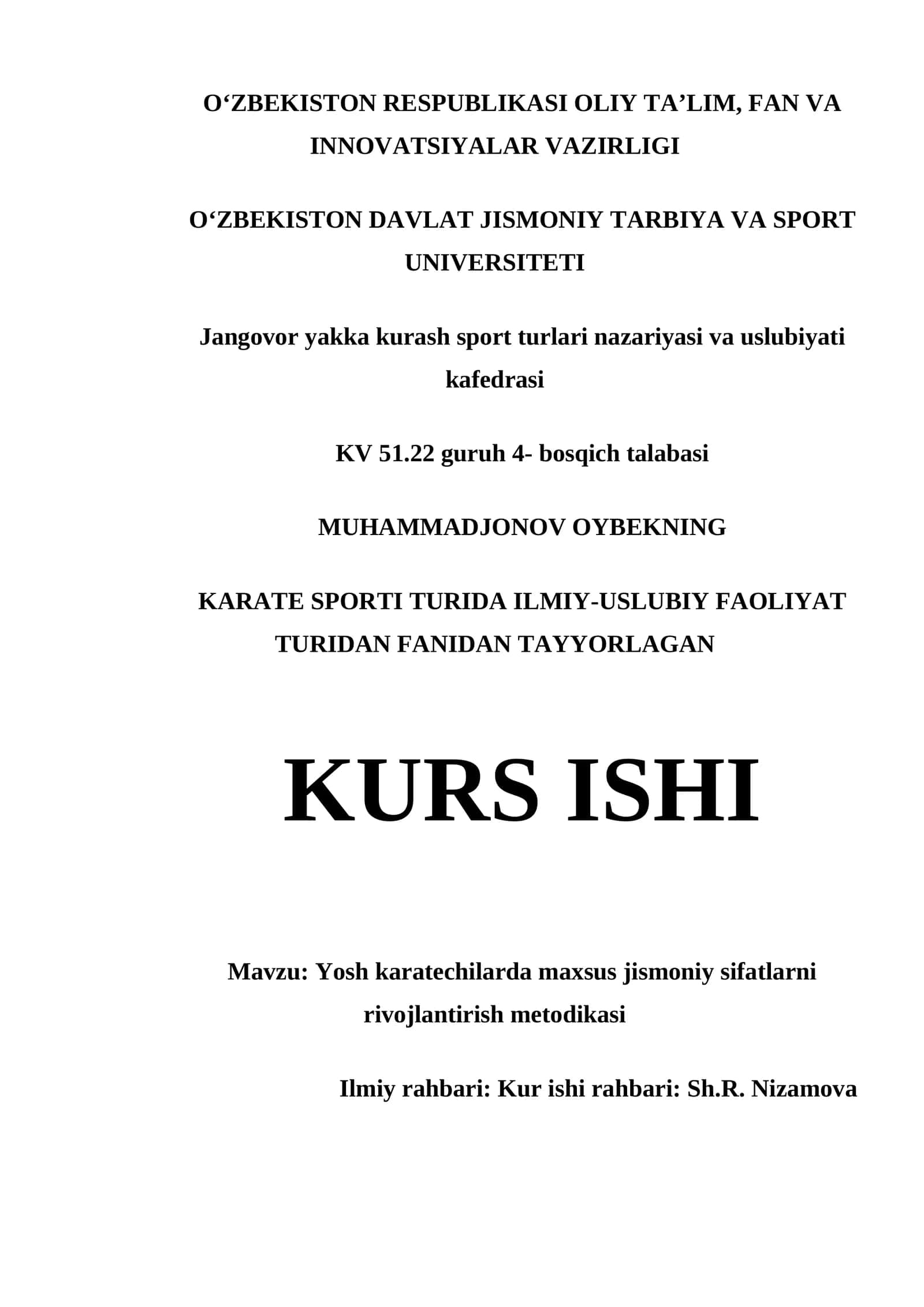Yosh karatechilarda maxsus jismoniy sifatlarni rivojlantirish metodikasi