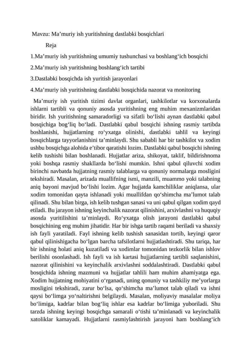 Ma’muriy ish yuritishning dastlabki bosqichlari