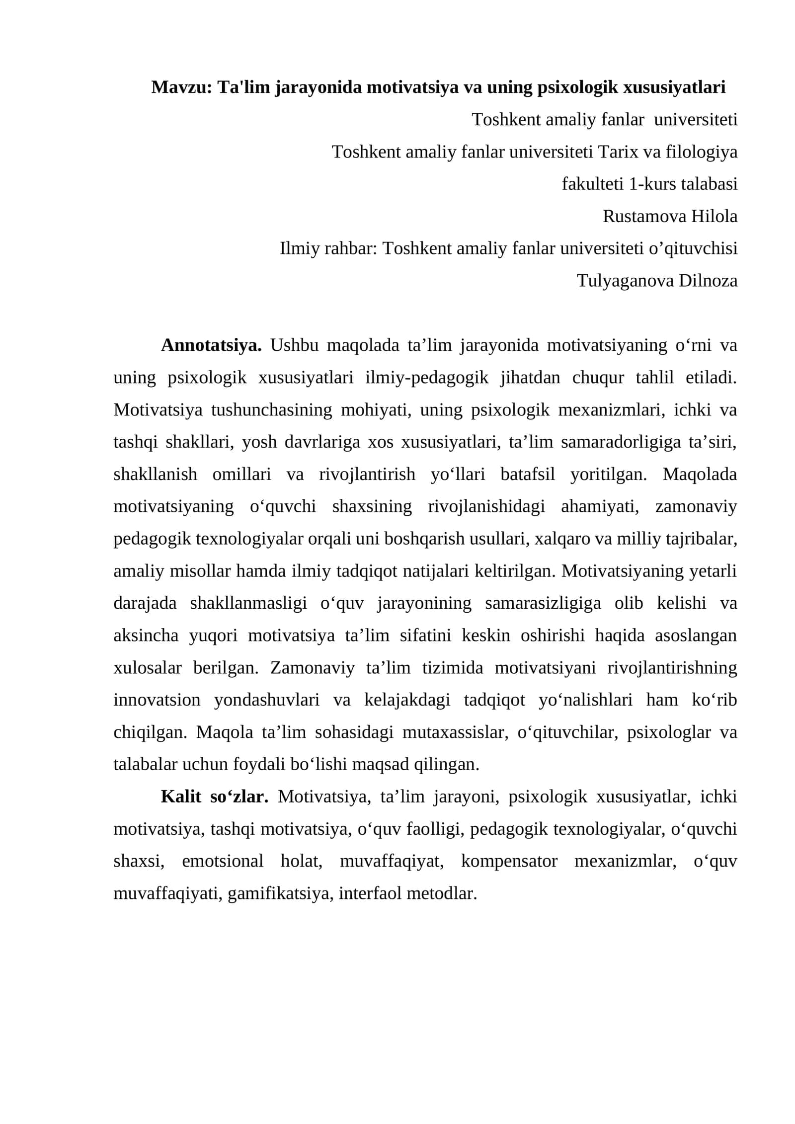Ta'lim jarayonida motivatsiya va uning psixologik xususiyatlari