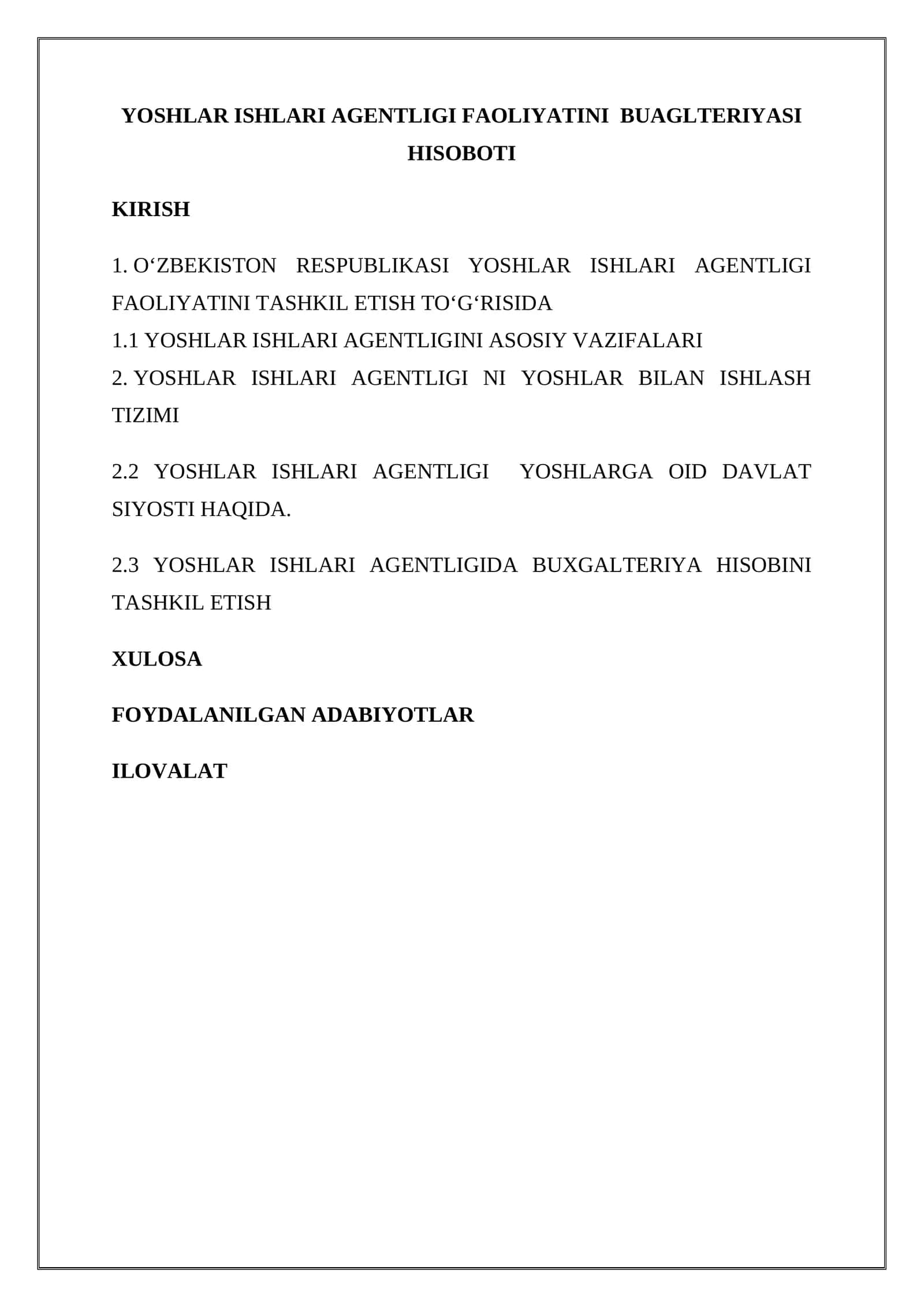 Yoshlar ishlari agentligi faoliyatini BUAGLTERIYASI HISOBOTI
