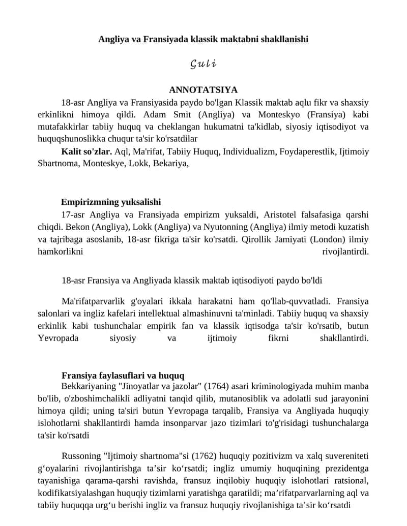 Angliya va Fransiyada klassik maktabni shakllanishi
