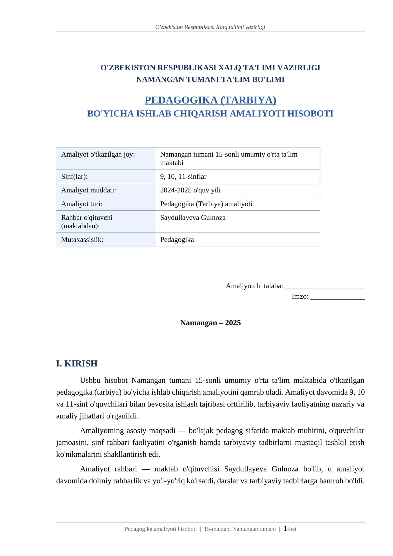 PEDAGOGIKA (TARBIYA) BO'YICHA ISHLAB CHIQARISH AMALIYOTI HISOBOTI