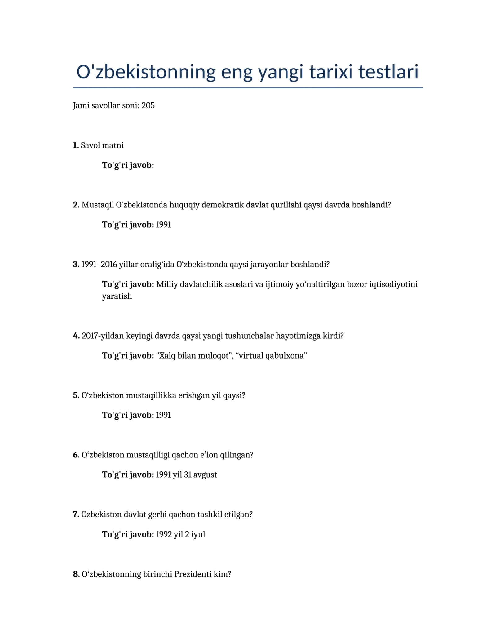 O'zbekistonning eng yangi tarixi testlari