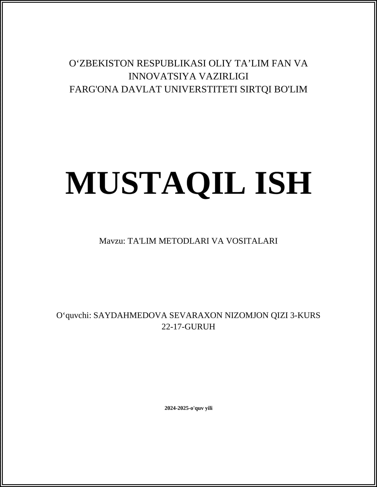 TA'LIM METODLARI VA VOSITALARI