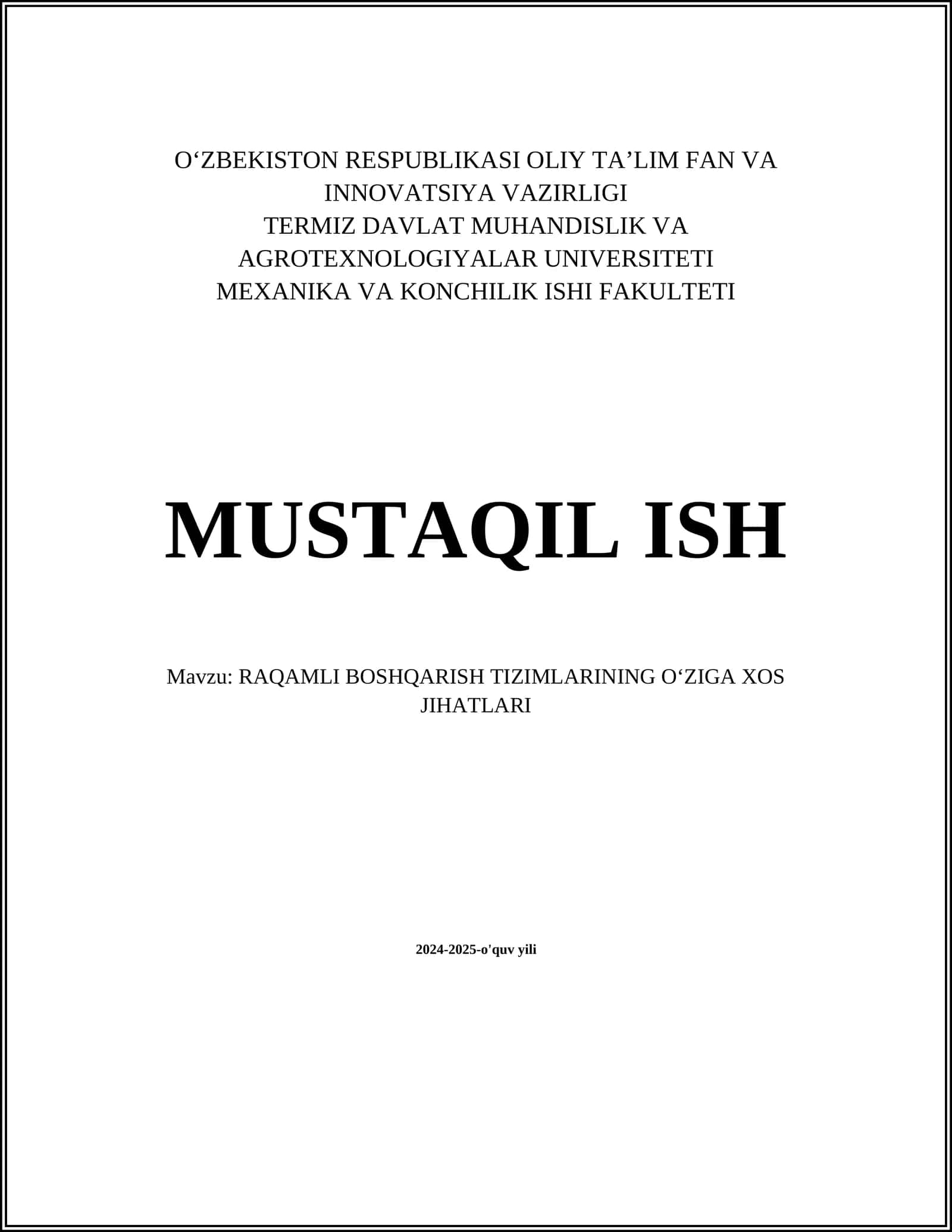 RAQAMLI BOSHQARISH TIZIMLARINING OʻZIGA XOS JIHATLARI