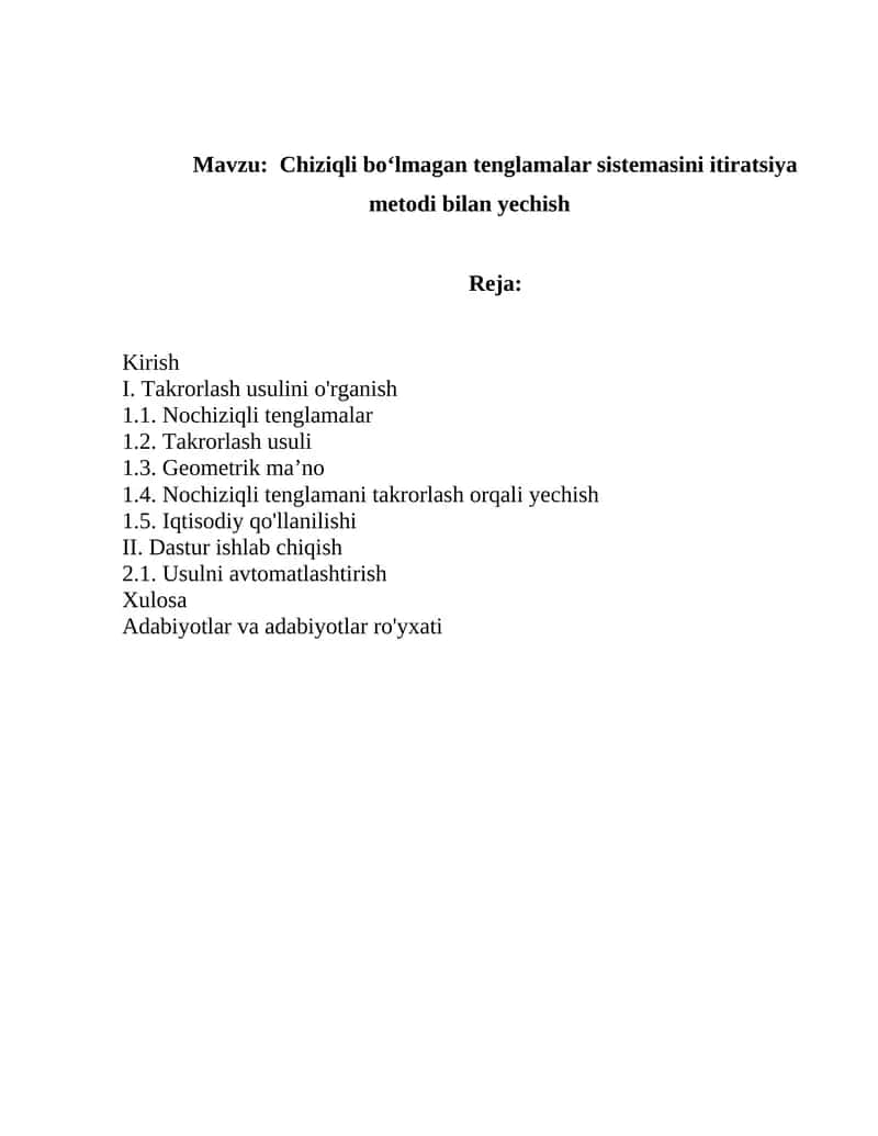 Chiziqli boʻlmagan tenglamalar sistemasini itiratsiya metodi bilan yechish