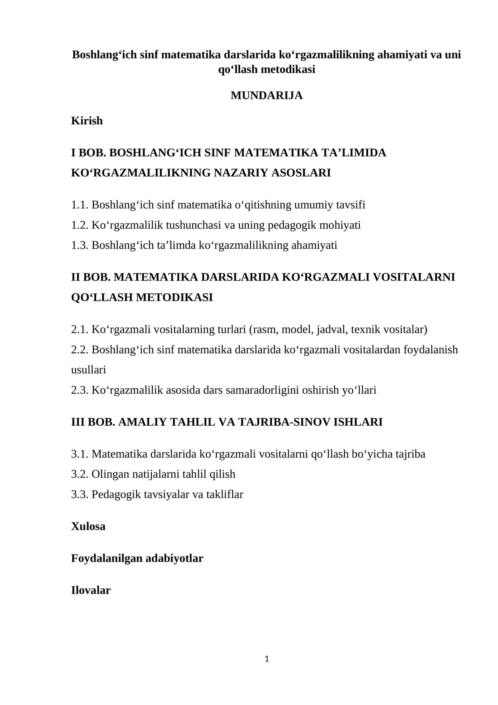 Boshlang‘ich sinf matematika darslarida ko‘rgazmalilikning ahamiyati va uni qo‘llash metodikasi