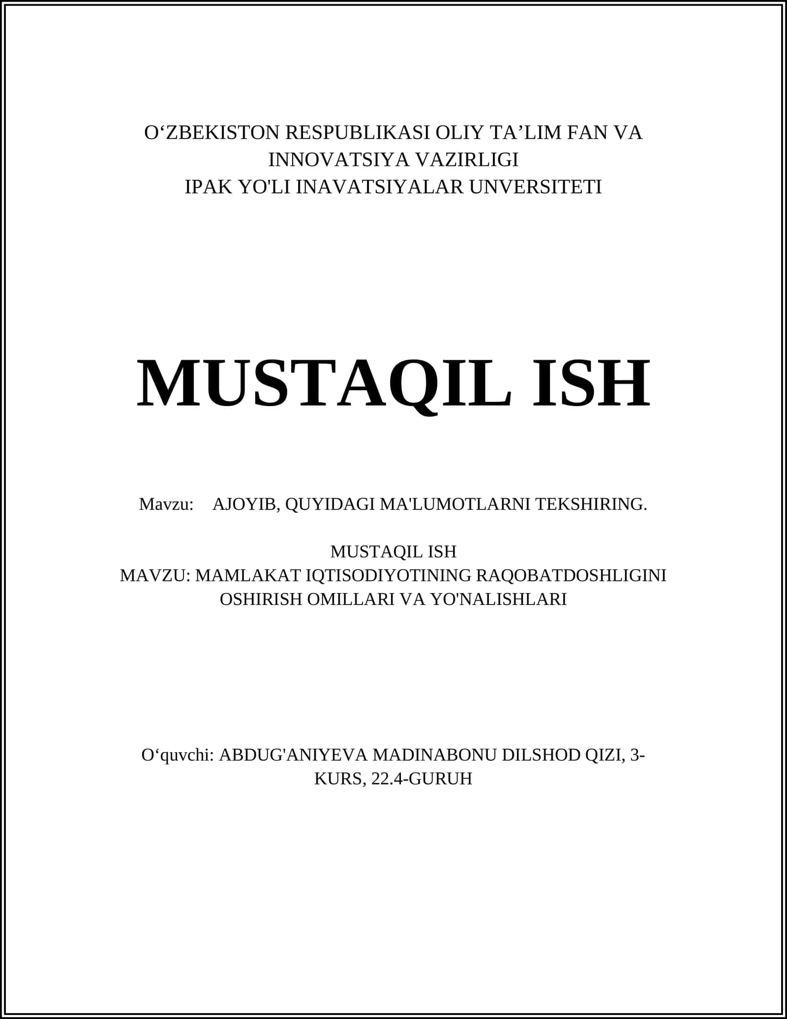 MAMLAKAT IQTISODIYOTINING RAQOBATDOSHLIGINI OSHIRISH OMILLARI VA YO'NALISHLARI