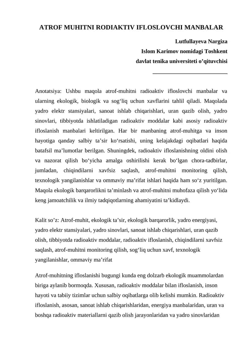ATROF MUHITNI RODIAKTIV IFLOSLOVCHI MANBALAR
