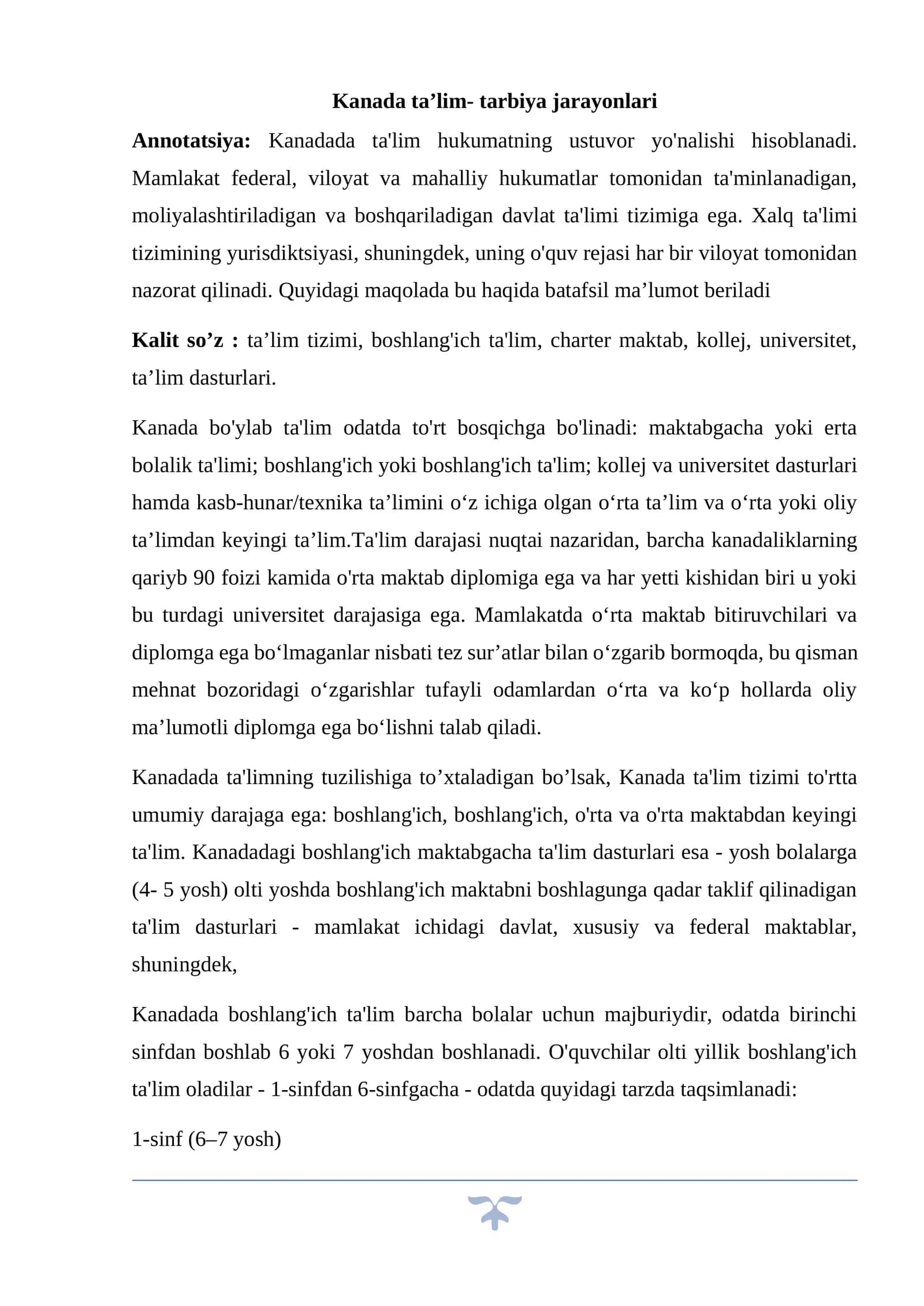 Kanada ta’lim- tarbiya jarayonlari