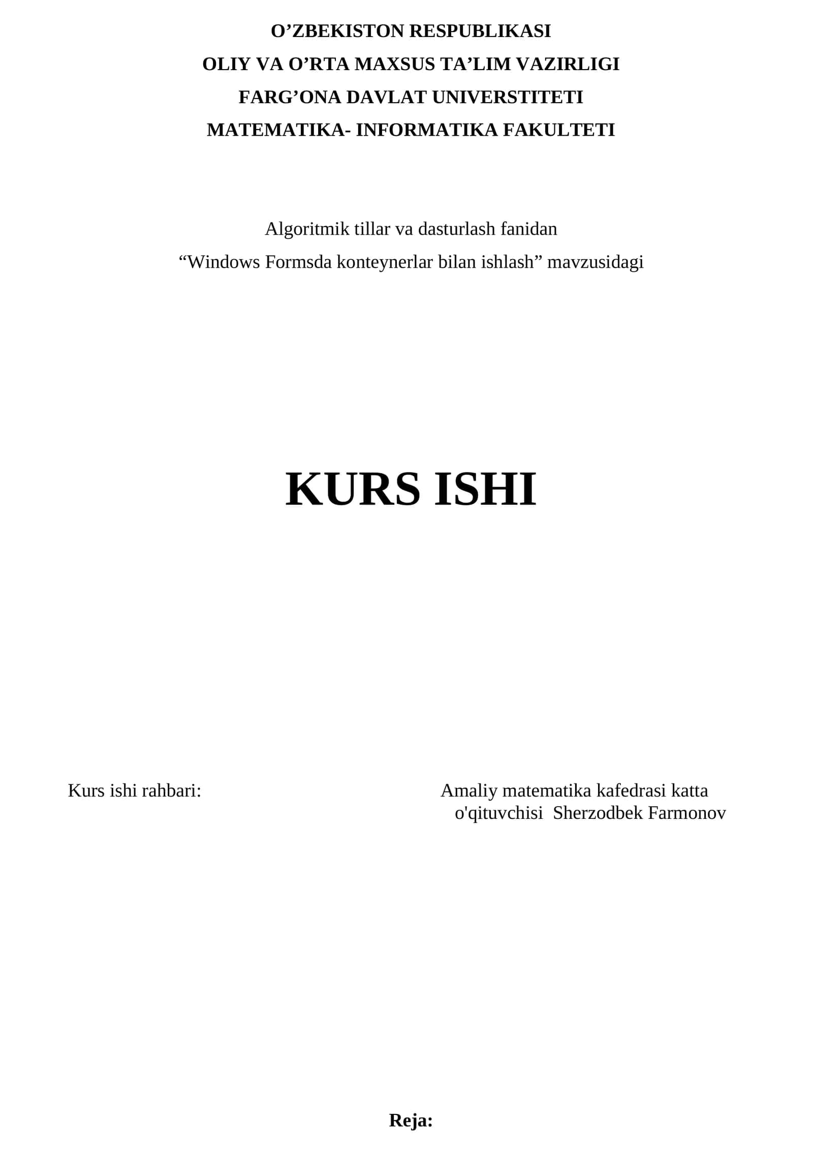 "Windows Formsda konteynerlar bilan ishlash" KURS ISHI