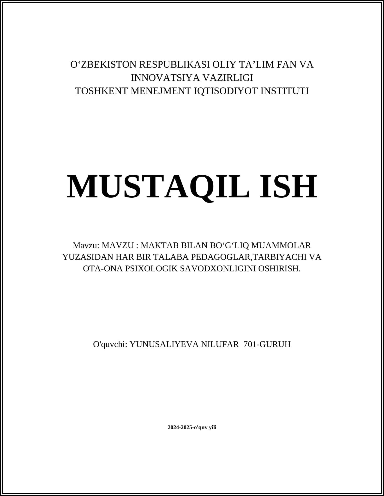MAKTAB BILAN BOʻGʻLIQ MUAMMOLAR YUZASIDAN HAR BIR TALABA PEDAGOGLAR,TARBIYACHI VA OTA-ONA PSIXOLOGIK SAVODXONLIGINI OSHIRISH