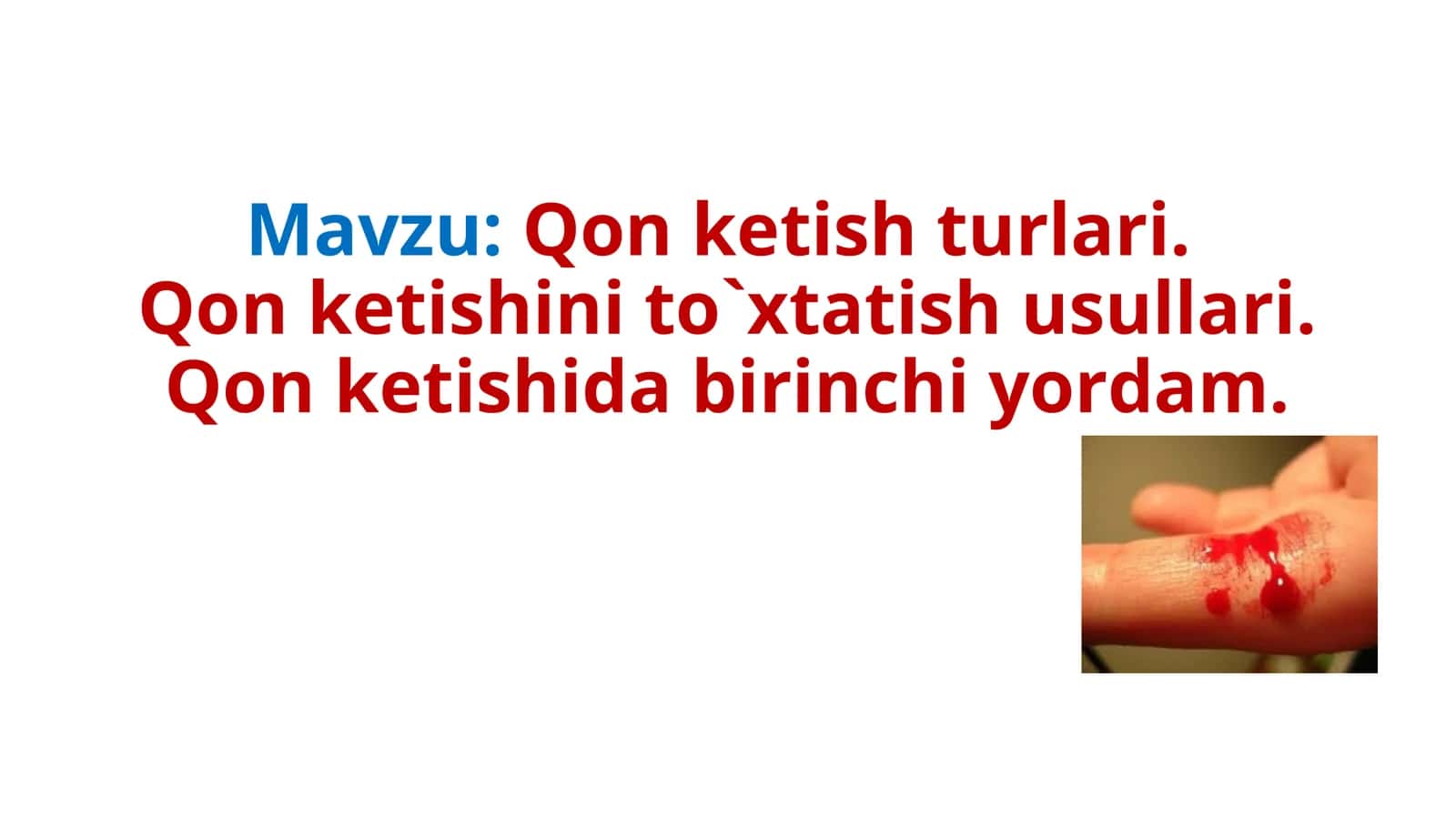 Qon ketish turlari.Qon ketishini to`xtatish usullari.Qon ketishida birinchi yordam