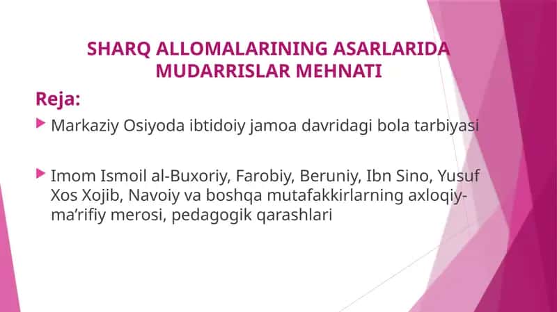 SHARQ ALLOMALARINING ASARLARIDA MUDARRISLAR MEHNATI