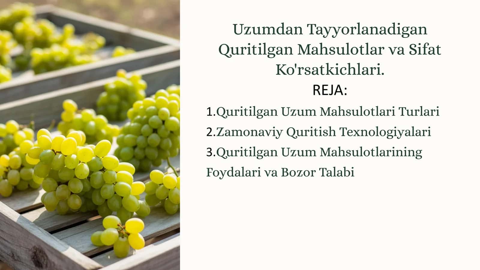 Uzumdan Tayyorlanadigan Quritilgan Mahsulotlar va Sifat Ko'rsatkichlari