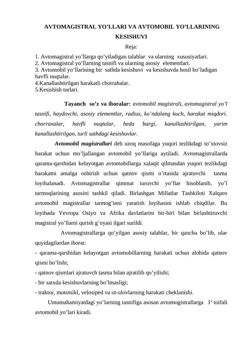 AVTOMAGISTRAL YO’LLARI VA AVTOMOBIL YO’LLARINING KESISHUVI