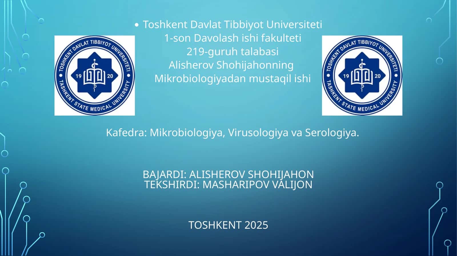 Alisherov Shohijahonning Mikrobiologiyada Mustaqil Ishi