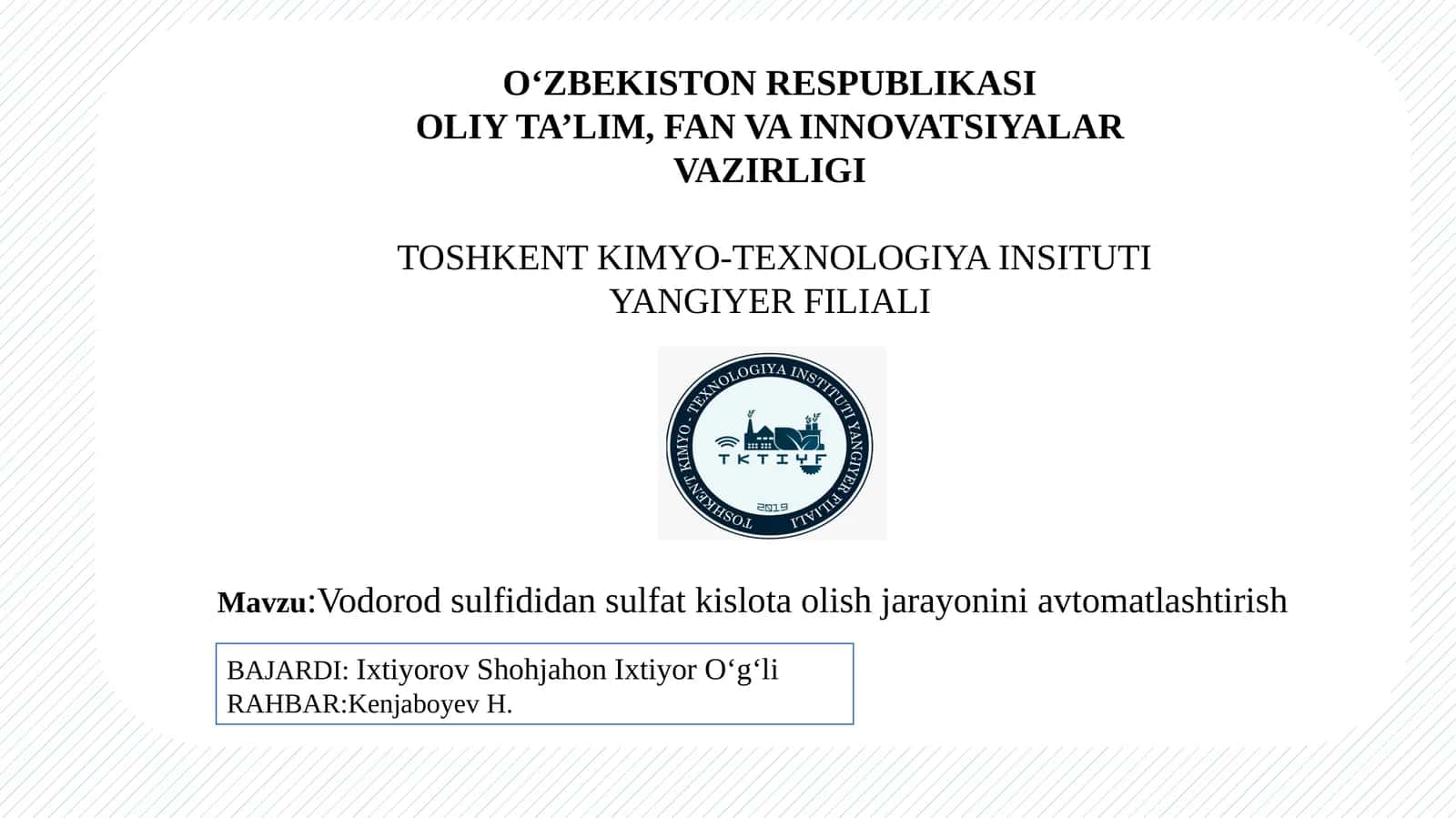 Vodorod sulfididan sulfat kislota olish jarayonini avtomatlashtirish
