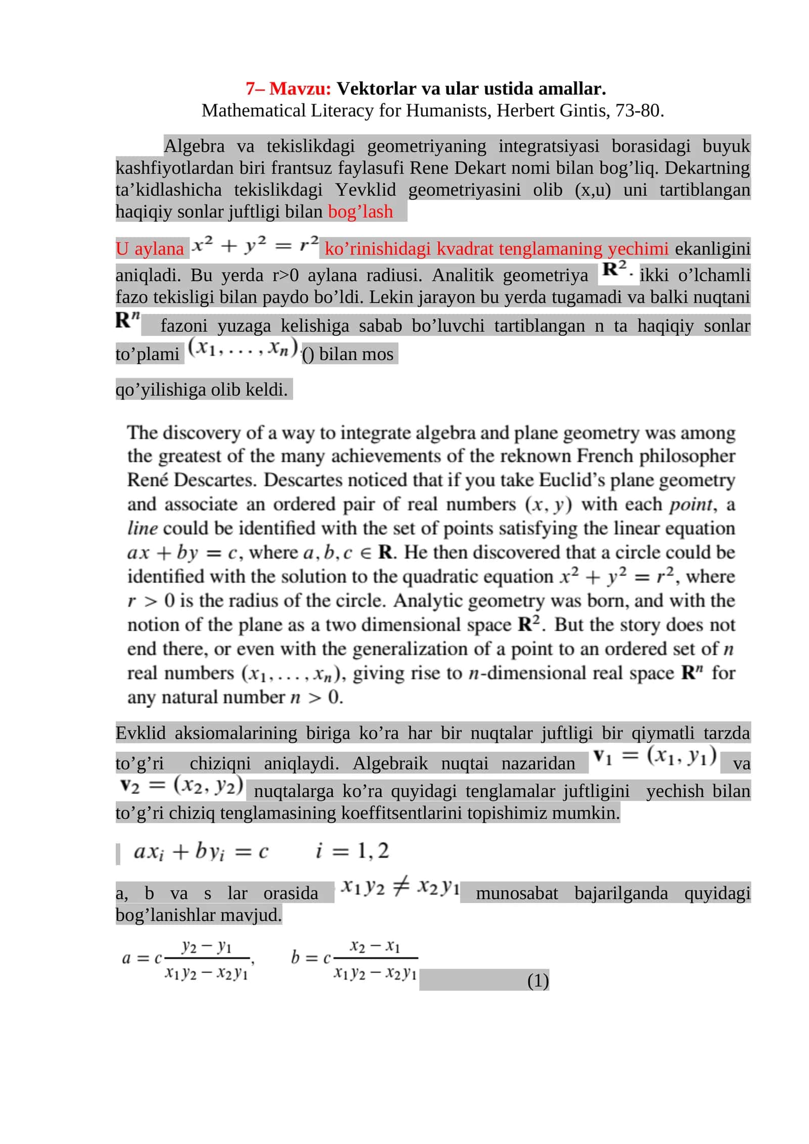 Algebra va tekislikdagi geometriya