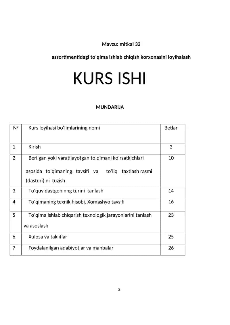 mitkal 32 assortimentidagi toʻqima ishlab chiqish korxonasini loyihalash