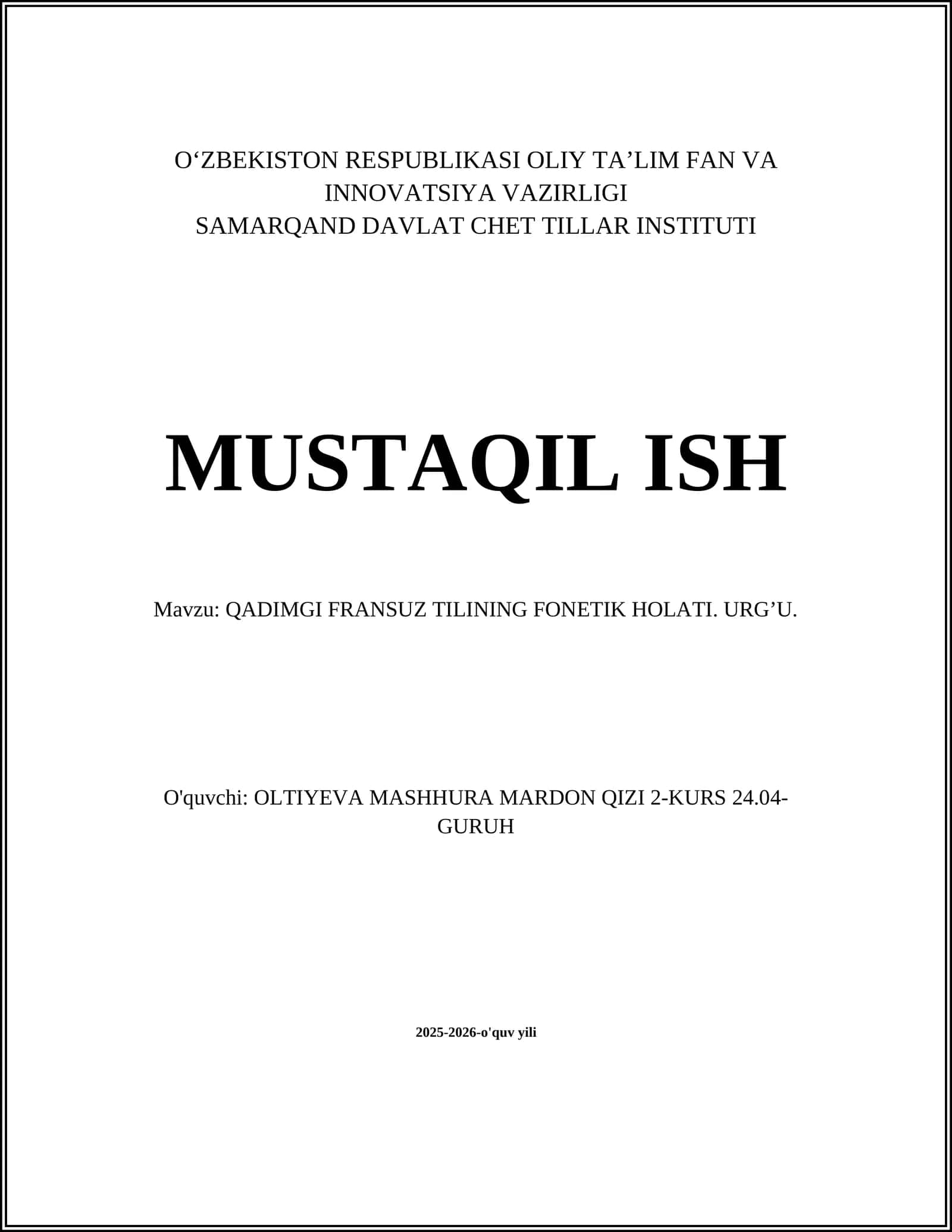 QADIMGI FRANSUZ TILINING FONETIK HOLATI. URG’U