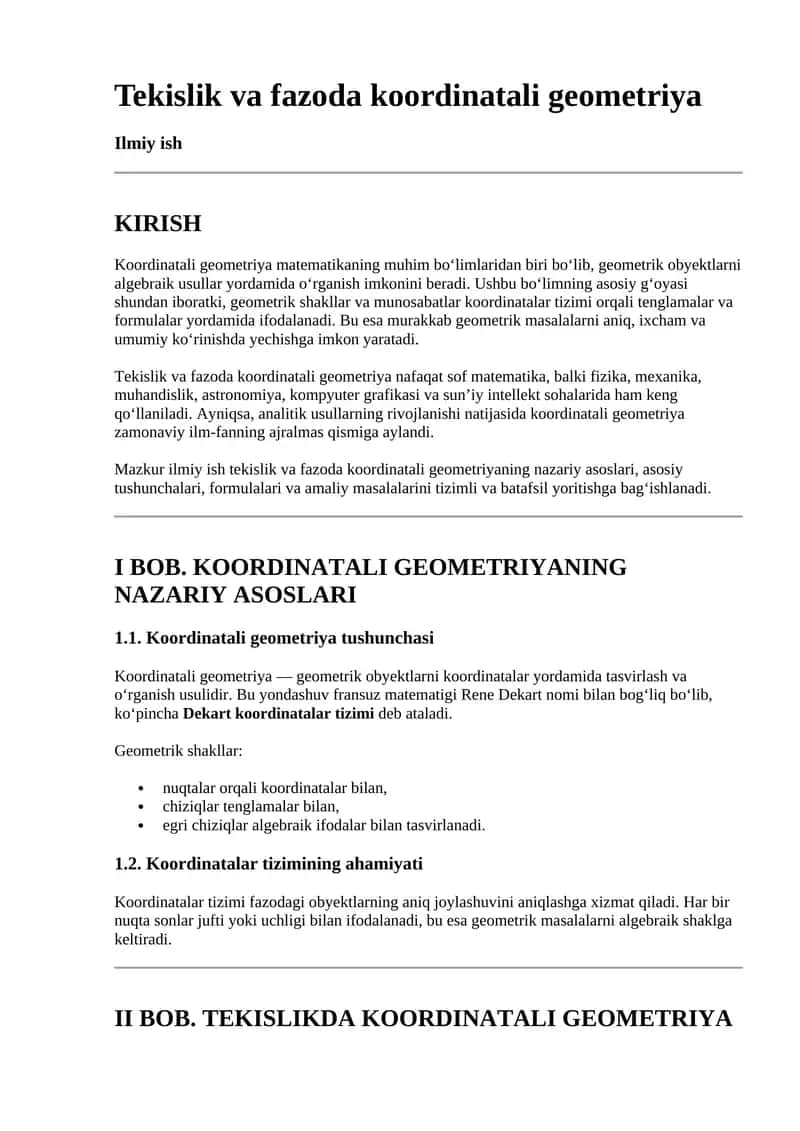 Tekislik va fazoda koordinatali geometriya