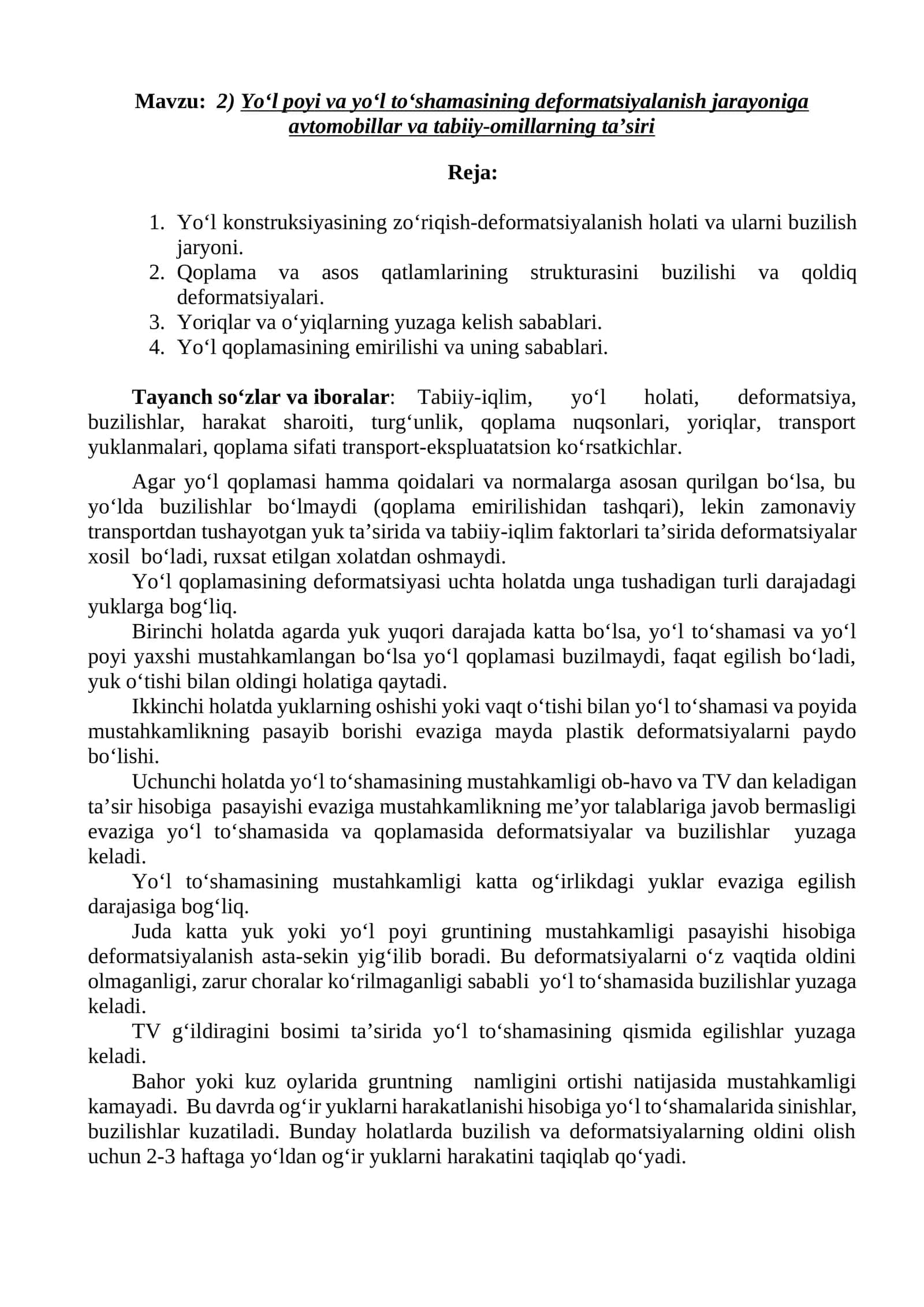 Yo‘l qoplamasining Deformatsiyasi